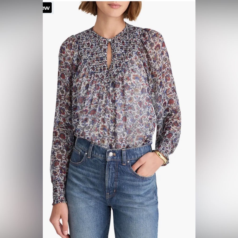 Madewell Blue Floral Smocked Yoke Blouse